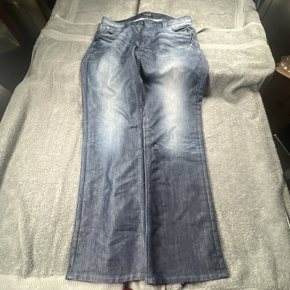 Guess  Desmond Men's Dark Blue Zip Fly Relaxed‎ Straight Denim Jeans 34x32